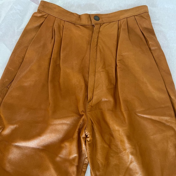VINTAGE 80s S pleated leather carrot pants camel tan Made in France lined MINT - Picture 14 of 16